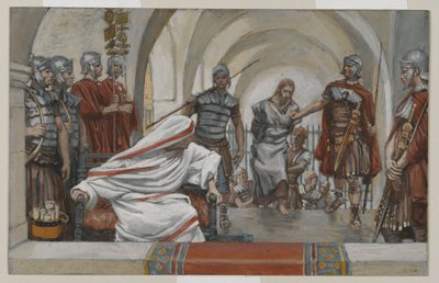 Jeesus johdatti Herodekselta Pilatukselle, esimerkki teoksesta Herramme Jeesuksen Kristuksen elämä, 1886-94 (wc grafiitin päällä paperilla) tekijältä James Jacques Joseph Tissot