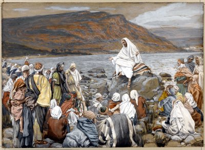 Jeesus opettaa ihmisiä meren rannalla, kuvitus teokseen The Life of Christ, n. 1886-1896 (läpinäkymätön akvarelli grafiitin päällä harmaalla kudotulla kartongilla) tekijältä James Jacques Joseph Tissot