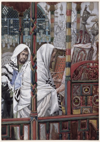 Jeesus opettaa synagogassa, kuvitus teoksesta The Life of Christ, n. 1886-1894 (wc ja guassi pahville) tekijältä James Jacques Joseph Tissot
