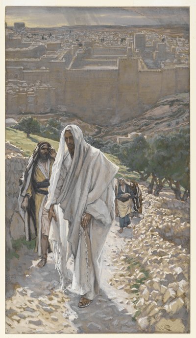 Jeesus menee illalla Betaniaan, esimerkki teoksesta Herramme Jeesuksen Kristuksen elämä, 1886-94 (wc grafiitin päällä paperilla) tekijältä James Jacques Joseph Tissot
