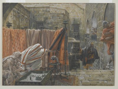 Joosef Arimatialainen pyytää Pilatusta pyytääkseen lupaa poistaa Jeesuksen ruumis, esimerkki teoksesta Herramme Jeesuksen Kristuksen elämä, 1886-94 (wc grafiitin päällä paperilla) tekijältä James Jacques Joseph Tissot