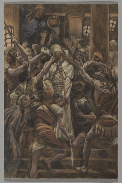 Pahoinpitelyt Kaifaan talossa, esimerkki teoksesta Herramme Jeesuksen Kristuksen elämä, 1886-94 (wc grafiitin päällä paperilla) tekijältä James Jacques Joseph Tissot