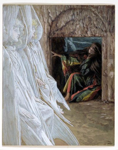 Maria Magdaleena kyselee enkeleitä haudassa, kuvitus teokseen The Life of Christ, n. 1886-1894 (wc ja guassi pahville) tekijältä James Jacques Joseph Tissot