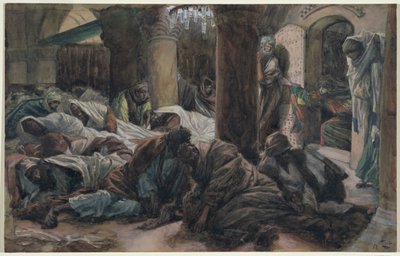 Maria Magdaleena juoksee ja kertoo opetuslapsille, että Kristuksen ruumis ei ole enää haudassa, kuva Kristuksen elämästä, n. 1886-1894 (wc ja guassi pahville) tekijältä James Jacques Joseph Tissot