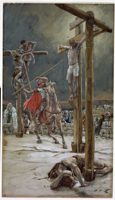 Yksi sotilaista, jonka keihäs lävisti kylkeensä, kuvitus teokseen The Life of Christ, n. 1886-1894 (wc ja guassi pahville) tekijältä James Jacques Joseph Tissot