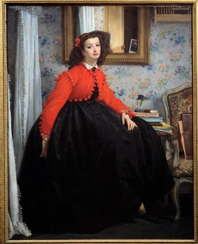 Täyspitkä muotokuva Mademoiselle L. L.:stä tai nuoresta tytöstä punaisessa takissa Jacques Josephin maalaus (Jacques-Joseph) Tissot dit James Tissot (1836-1902) 1864 Su. 1,24 x 0,99 m Pariisi, Orsay-museo tekijältä James Jacques Joseph Tissot