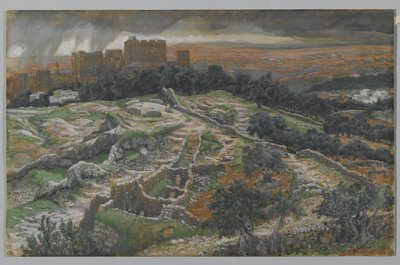 Golgatan ja pyhän haudan jälleenrakentaminen Tuomioportilta katsottuna, kuva Herramme Jeesuksen Kristuksen elämästä (wc grafiitin päällä paperilla) tekijältä James Jacques Joseph Tissot