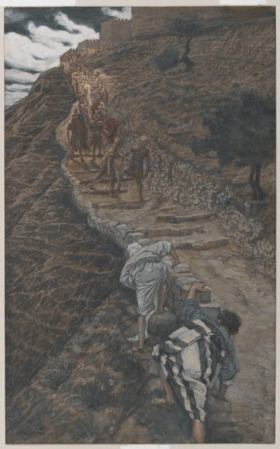 Pyhä Pietari ja pyhä Johannes Seuraa kaukaa, esimerkki teoksesta Herramme Jeesuksen Kristuksen elämä, 1886-94 (wc grafiitin päällä paperilla) tekijältä James Jacques Joseph Tissot