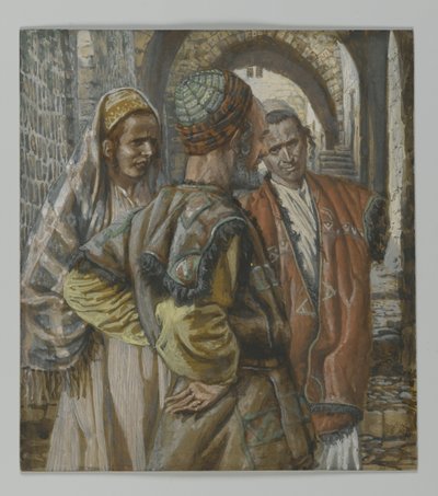 Simon Kyreniläinen ja hänen kaksi poikaansa Aleksanteri ja Rufus, kuvitus teoksesta Herramme Jeesuksen Kristuksen elämä, 1886-94 (wc grafiitin päällä paperilla) tekijältä James Jacques Joseph Tissot