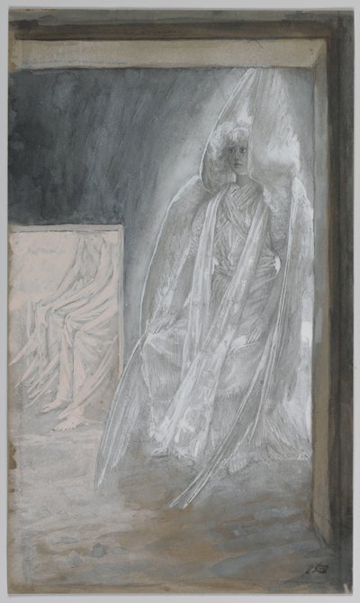 Enkeli istuu haudan kivellä, kuvitus teoksesta Herramme Jeesuksen Kristuksen elämä, 1886-94 (wc grafiitin päällä paperilla) tekijältä James Jacques Joseph Tissot