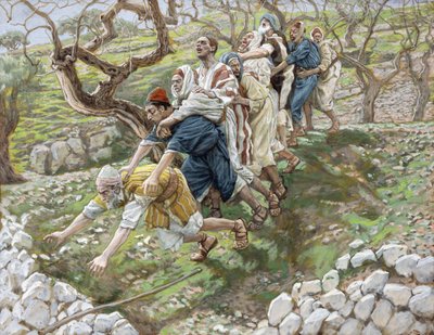 Sokeat johtavat sokeita, kuvitus teokseen The Life of Christ, n. 1886-1894 (wc ja guassi pahville) tekijältä James Jacques Joseph Tissot