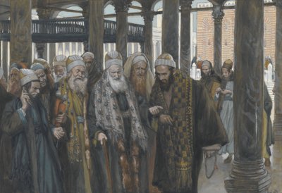 Ylipapit neuvottelevat yhdessä, esimerkki teoksesta Herramme Jeesuksen Kristuksen elämä, 1886-94 (wc grafiitin päällä paperilla) tekijältä James Jacques Joseph Tissot