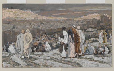 Opetuslapset, jotka ovat jättäneet piilopaikkansa, katsovat kaukaa tuskissa, esimerkki teoksesta The Life of Our Lord Jesus Christ, 1886-94 (wc grafiitin päällä paperilla) tekijältä James Jacques Joseph Tissot
