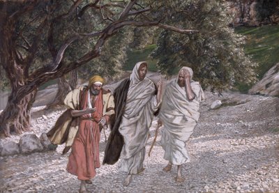 Opetuslapset tiellä Emmaukseen, kuvitus teokseen The Life of Christ, n. 1884-1896 (wc ja guassi pahville) tekijältä James Jacques Joseph Tissot