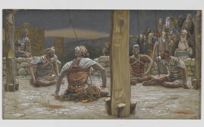 Neljä vartijaa istui ja katseli häntä, esimerkki teoksesta Herramme Jeesuksen Kristuksen elämä, 1886-94 (wc grafiitin päällä paperilla) tekijältä James Jacques Joseph Tissot