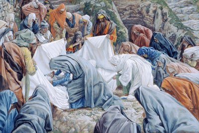 Pyhä Neitsyt suutelee Kristuksen kasvoja ennen kuin ne kääritään kelauslakanaan, kuvitus teokseen The Life of Christ, n. 1886-1894 (wc ja guassi pahville) tekijältä James Jacques Joseph Tissot
