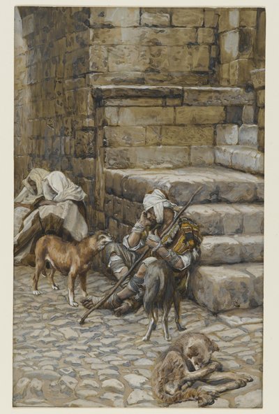 Köyhä Lasarus rikkaiden miehen ovella, esimerkki teoksesta The Life of Our Lord Jesus Christ (wc grafiitin päällä paperilla) tekijältä James Jacques Joseph Tissot