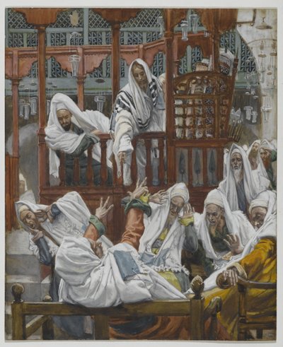 Riisuttu mies synagogassa, esimerkki teoksesta Herramme Jeesuksen Kristuksen elämä (wc grafiitin päällä paperilla) tekijältä James Jacques Joseph Tissot