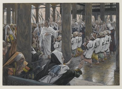 Kulkue temppelissä, kuva Herramme Jeesuksen Kristuksen elämästä, 1886-94 (wc grafiitin päällä paperilla) tekijältä James Jacques Joseph Tissot
