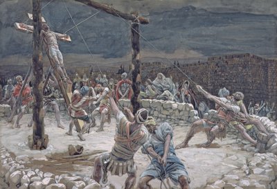 Ristin nostaminen, kuvitus teokselle The Life of Christ, n. 1886-1894 (wc ja guassi pahville) tekijältä James Jacques Joseph Tissot