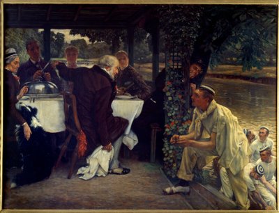 Tuhlaajapojan paluu: lihava vasikka Moderni sovitus vertauksesta tuhlaajalapsesta, joka palaa katuvan isänsä luo. Jacques Josephin maalaus (Jacques-Joseph) Tissot dit James Tissot (1836-1902) 1880 Su. 1x1,3 m Nantes, musee des Beaux tekijältä James Jacques Joseph Tissot
