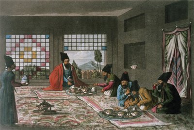 Persialainen aamiainen teoksesta "Toinen matka Persian halki 1810-16", kaivertanut Theodore H.A. Fielding (1781-1851) tekijältä James Justinian (after) Morier