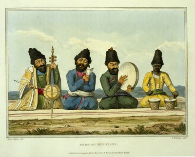 Persialaiset muusikot teoksesta "Matka Persian, Armenian ja Vähä-Aasian halki Konstantinopoliin vuosina 1808 ja 1809", T. Fieldingin kaiverrus, julkaistu 1816 tekijältä James Justinian Morier