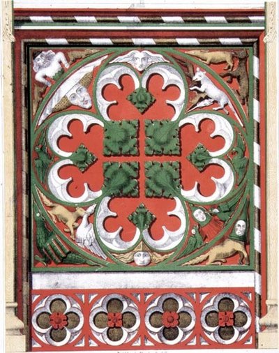 Yksityiskohdat maalatusta kattoverkosta Dickleburgh Churchissa, Norfolkissa, teoksesta "Gothic Ornaments", kaiverrettu J.R Jobbins tekijältä James Kellaway (after) Colling