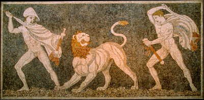 Mosaiikki, jossa Aleksanteri Suuri ja Hephaestion teurastavat leijonan. Pella Archaeol... tekijältä James L Stanfield