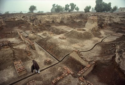 Yleiskuva kuopasta, joka on täynnä tiiliseinien jäänteitä, tiilikaivo. HARAPPA E... tekijältä James L Stanfield