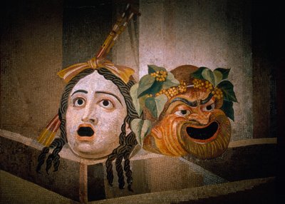 Roomalainen mosaiikki 2. vuosisadalta jKr., jossa on tragediaa ja komediaa. Musei Capitolini, Rooma, Italia. tekijältä James L Stanfield