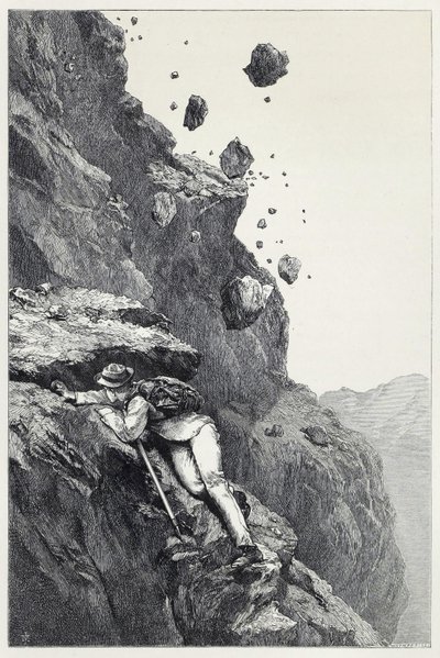 Cannonade on Matterhorn, Scramblesista Alppien joukossa vuosina 1860-69, pub. 1871 (kaiverrus) tekijältä James Mahoney