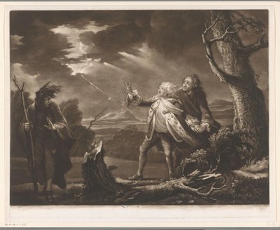 David Garrick kuningas Learina Kentin jaarlin ja Tomiksi naamioituneen Edgarin kanssa myrskyisissä maisemissa tekijältä James McArdell