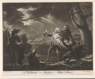 David Garrick kuningas Learina Kentin jaarlin ja Tomiksi naamioituneen Edgarin kanssa myrskyisissä maisemissa Herra. Garrick kuningas Learin hahmossa (otsikko esineessä) tekijältä James McArdell