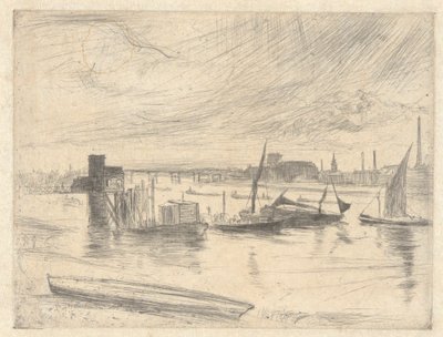 Battersea Dawn (Cadogan Pier), Thames-sarjasta (Kuudentoista etsauksen sarja Thamesista ja muista aiheista) tekijältä James Abbott McNeill Whistler