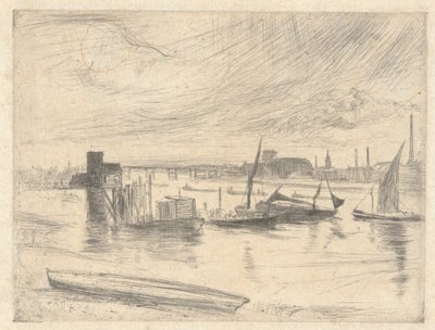 Aamunkoitto Batterseassa (Cadogan Pier), Thames-sarjasta (Kuudentoista Thames-joen näkymiä ja muita aiheita esittävän etsauksen sarja) tekijältä James McNeill Whistler