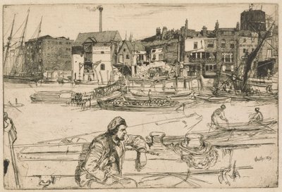 Black Lion Wharf, Thames-sarjasta (kuudentoista etsauksen sarja Thamesista ja muista aiheista) tekijältä James Abbott McNeill Whistler