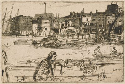 Black Lion Wharf, teoksesta Thames Set (sarja, joka koostuu kuudestatoista etsauksesta, joiden aiheina ovat näkymiä Thames-joelta ja muita aiheita) tekijältä James McNeill Whistler
