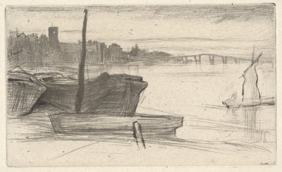Chelsea Bridge ja kirkko, Thames-sarjasta (Kuudentoista Thamesin näkymiä ja muita aiheita esittävän etsauksen sarja) tekijältä James McNeill Whistler