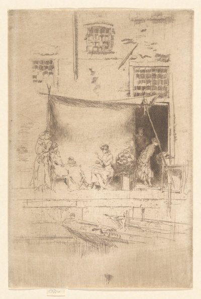 Hedelmäkioski, toisesta Venetsian sarjasta (kaksikymmentäkuusi etsauksen sarja) tekijältä James Abbott McNeill Whistler