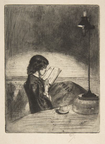 Lukemassa lampun valossa tekijältä James McNeill Whistler