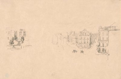 Kaksi koeluonnosta: A. Grande Rue, Dieppe; B. Sisätila tekijältä James McNeill Whistler
