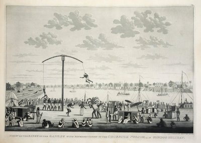 Näkymä Gangesin rannoilla Churruck Poojahin edustalla …, pubi. 1810 kaiverrus. tekijältä James Moffat