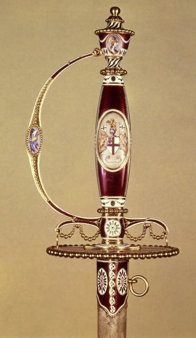 East India Companyn eversti James Hartleylle (1745–1799) lahjoittama miekan kädensija, James Morissetin (n. 1766–1800) asettama n. 1780 (kulta ja emali) tekijältä James Morisset