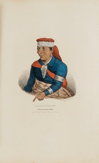 KEE-O-TUCK-KEE; Pottowattomien päällikkö, julkaisusta The Aboriginal Portfolio. tekijältä James Otto Lewis