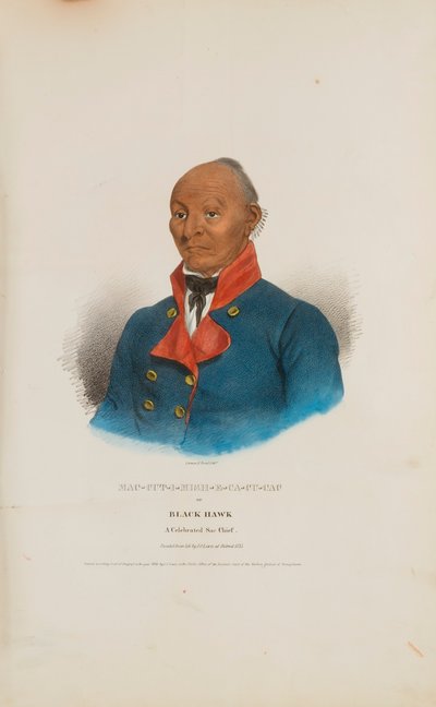 MAC-CUT-I-MISH-E-CA-CU-CAC eli Musta Haukka; kuuluisan Sac-päällikön nimi, Aboriginaalien salkusta. tekijältä James Otto Lewis