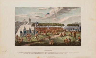 Näkymä Prairie Du Chienissä syyskuussa 1825 pidetystä suuresta sopimuksesta, lähteestä The Aboriginal Portfolio (Aboriginal Portfolio). tekijältä James Otto Lewis
