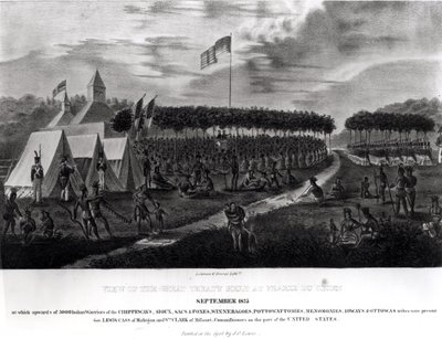 Näkymä suuresta sopimuksesta, joka pidettiin Prairie du Chienissä, Wisconsinissa, syyskuussa 1825, julkaisusta "Aboriginal Portfolio", 1825 tekijältä James Otto Lewis