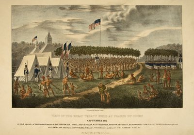 Näkymä suuresta sopimuksesta, joka pidettiin Prairie du Chienissä syyskuussa 1825 tekijältä James Otto Lewis