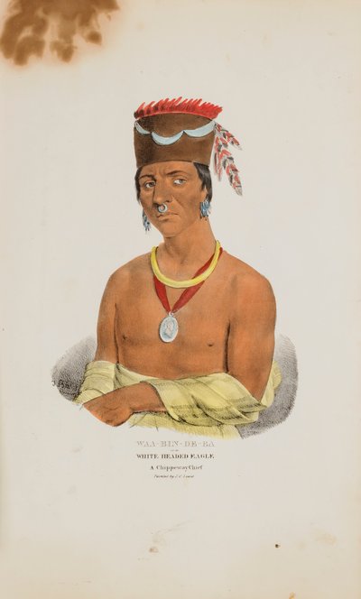 WAA-BIN-DE-BA eli valkopäinen kotka; Chippewayn päällikkö, julkaisusta The Aboriginal Portfolio. tekijältä James Otto Lewis